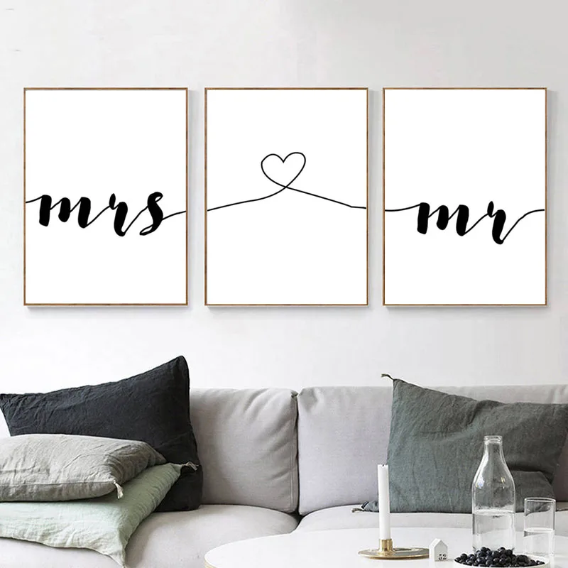 Canvas Painting Mr Heart Mrs Family Simple Quotes Couple Anniversary Poster Picture Living Room Wall Art Decor Minimalist Print | Дом и сад