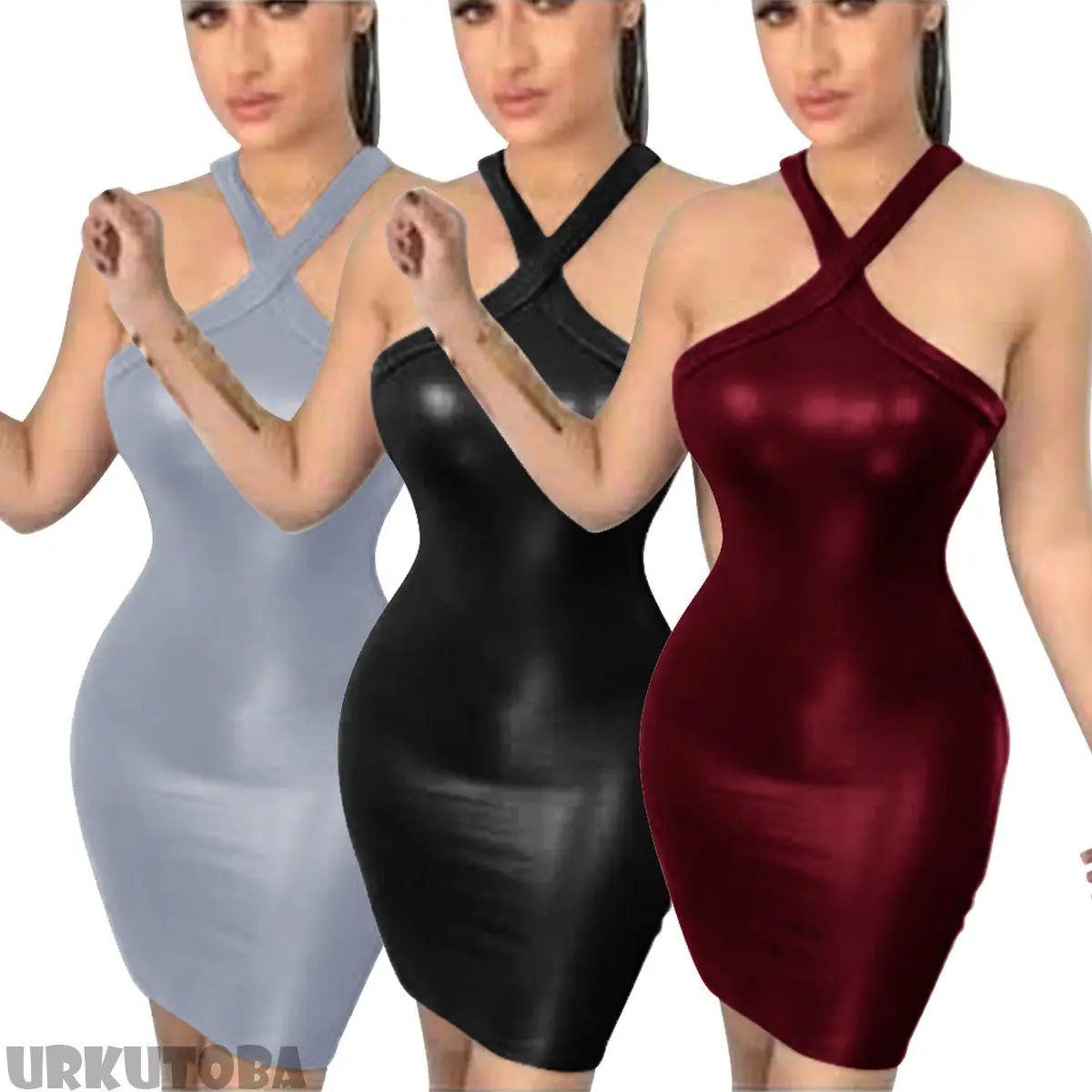 Fashion Brand Newest Sexy Women PU Leather Wet Look Bodycon Party Clubwear Midi Short Dress Solid Spaghetti Strap Hot Dresses | Женская