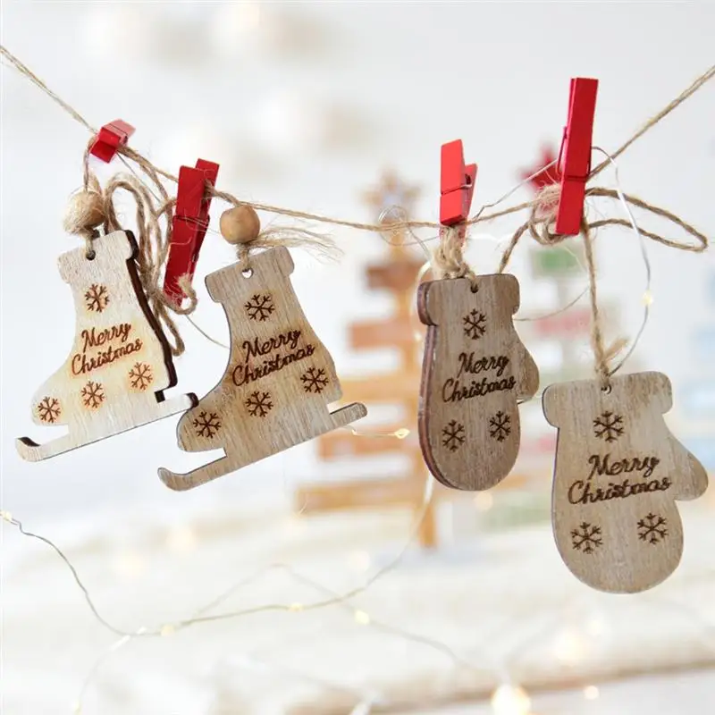 1 Pair Christmas Tree Decor Ice Skates Wood Ornaments Xmas Charms Hanging Pendants Craft Wooden Chips Slices Embellishments | Дом и сад