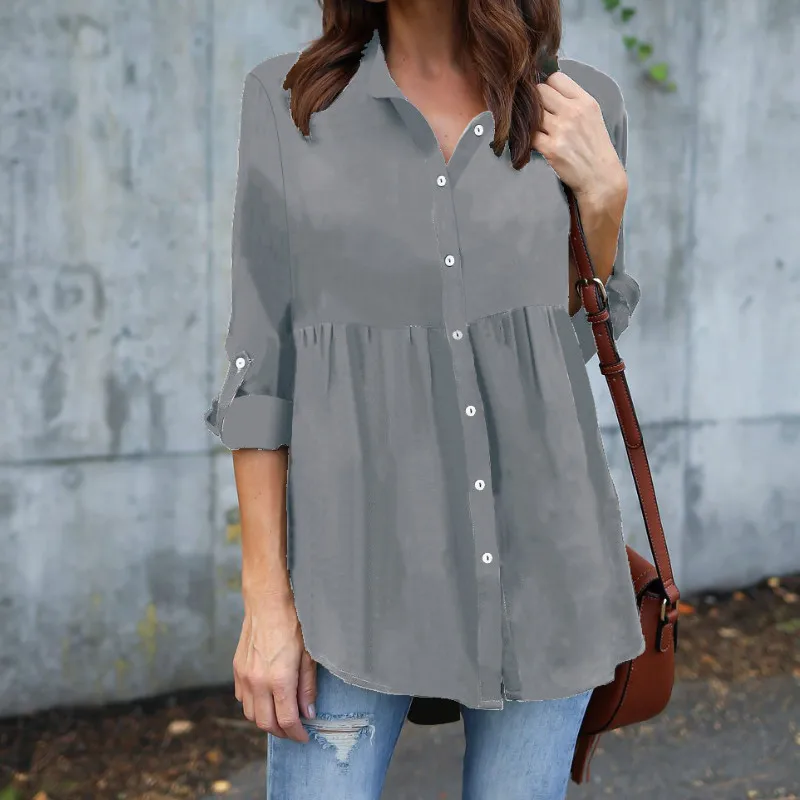 

Women Shirts Turn-down Collar Full Sleeves Single Buckling Folded Solid Black Red Bule Pink Loose Type Chiffon Shirt plus size