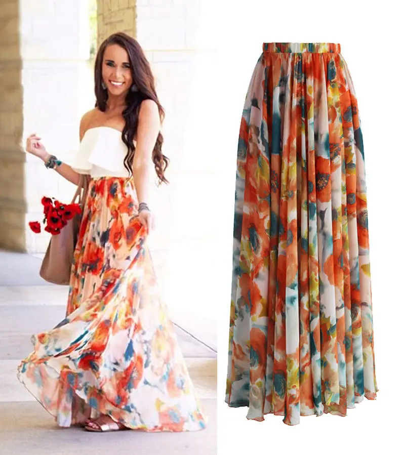 Шифоновая Женская длинная юбка макси в стиле бохо цветочное Джерси цыганская