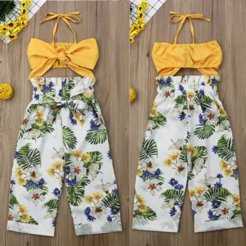 2019 Brand Kids Baby Girl Clothes Sets Summer 1-5Y Boho Sleeveless Halter Bow Crop Tops+Floral Wide Leg Pants 2Pcs Outfit |