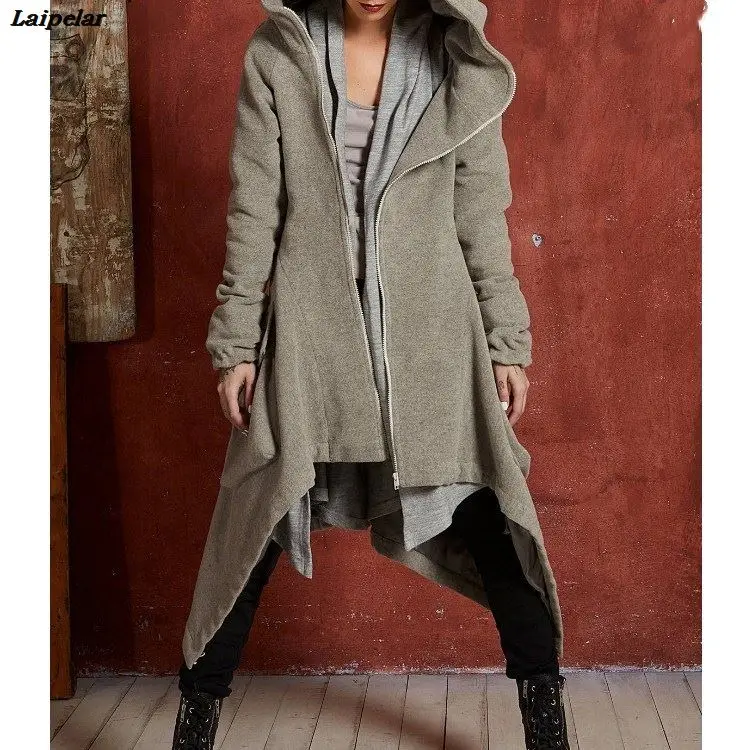 

New Arrival Women Hooded Thin Trench Autumn Winter Pockets Long Outerwear Solid Casual Long Sleeve Asymmetrical Coats Laipelar