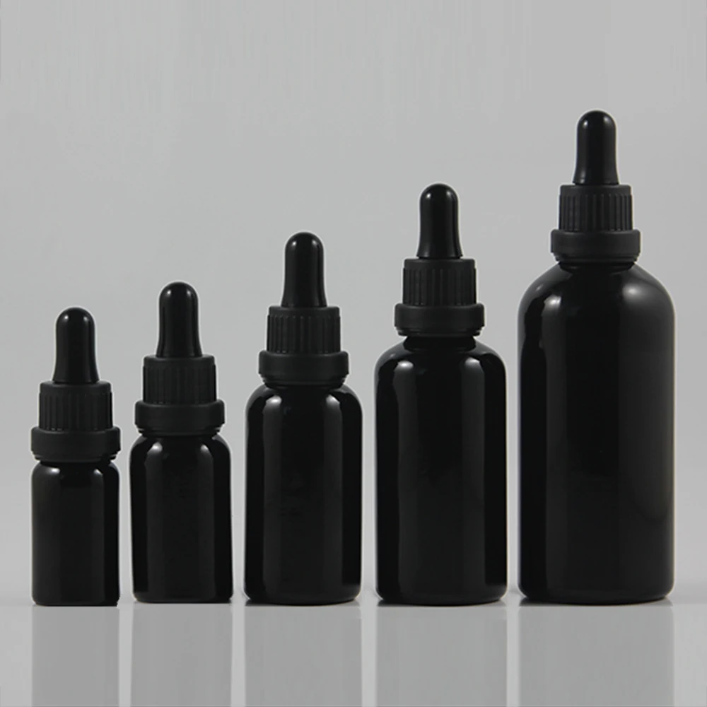 wholesale 50pcs 50ml shiny black dropper glass bottle with black plastic cap,glass 50ml dropper container, essential oil bottle