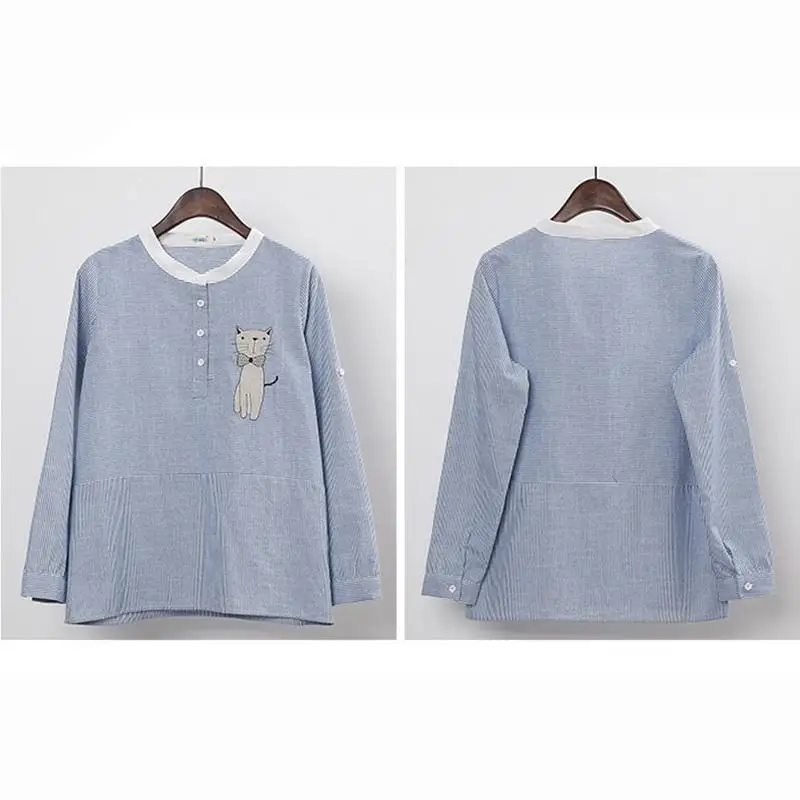 MISSKY Women Shirt Cartoon Embroidery Stripes Splicing Long Sleeve Stand Collar Blouse Female Tops For Spring Autumn | Женская одежда