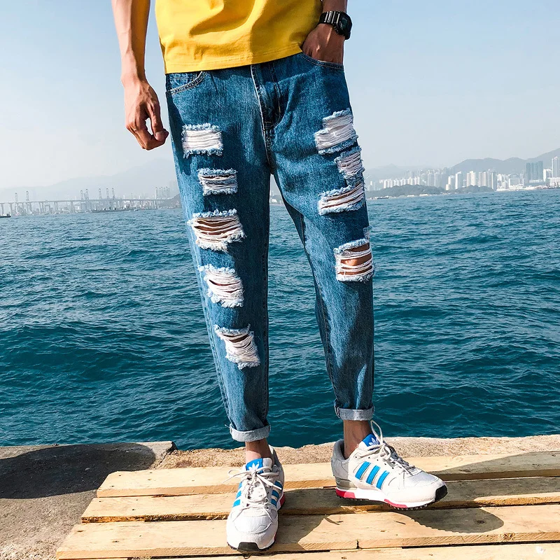 

New Fashion Korean version self-cultivation nine pants men's Hot jeans youth big hole hip hop Free shipping Chinese Style