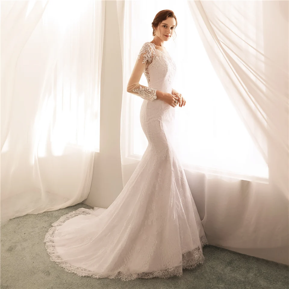 Ryanth Vestido de noiva иллюзия сзади свадебные платья Русалочки с длинными рукавами
