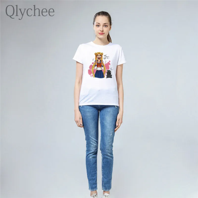 Qlychee японская аниме Сейлор Мун мультфильм женская футболка Повседневная вырез лодочкой короткий рукав