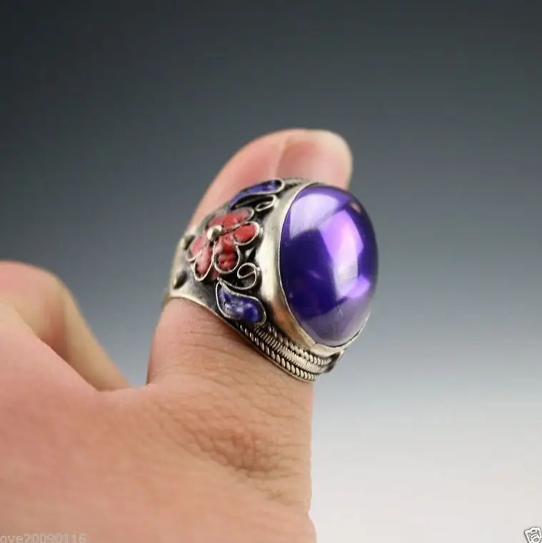 Chinese Handwork inlay purple Zircon Cloisonne silver Red Flower Adjust Ring | Дом и сад