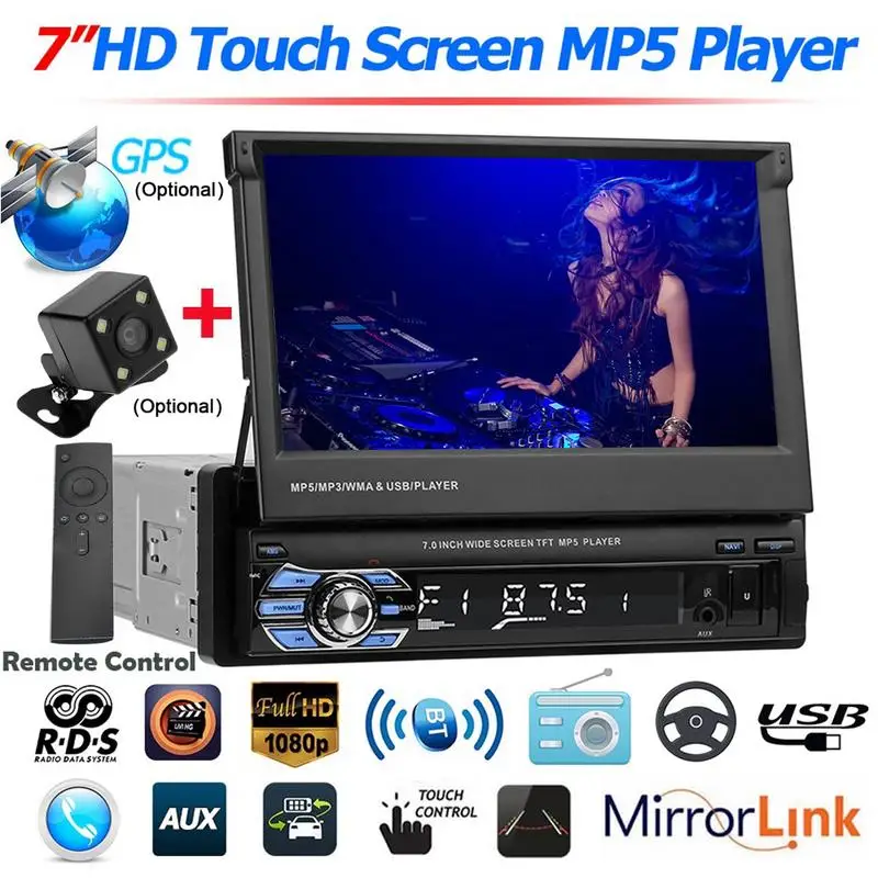 

7inch Retractable Touch Screen Car MP5 Player RDS AUX AM FM Radio Wince System Stereo GPS Navigation 1DIN Bluetooth Receiver