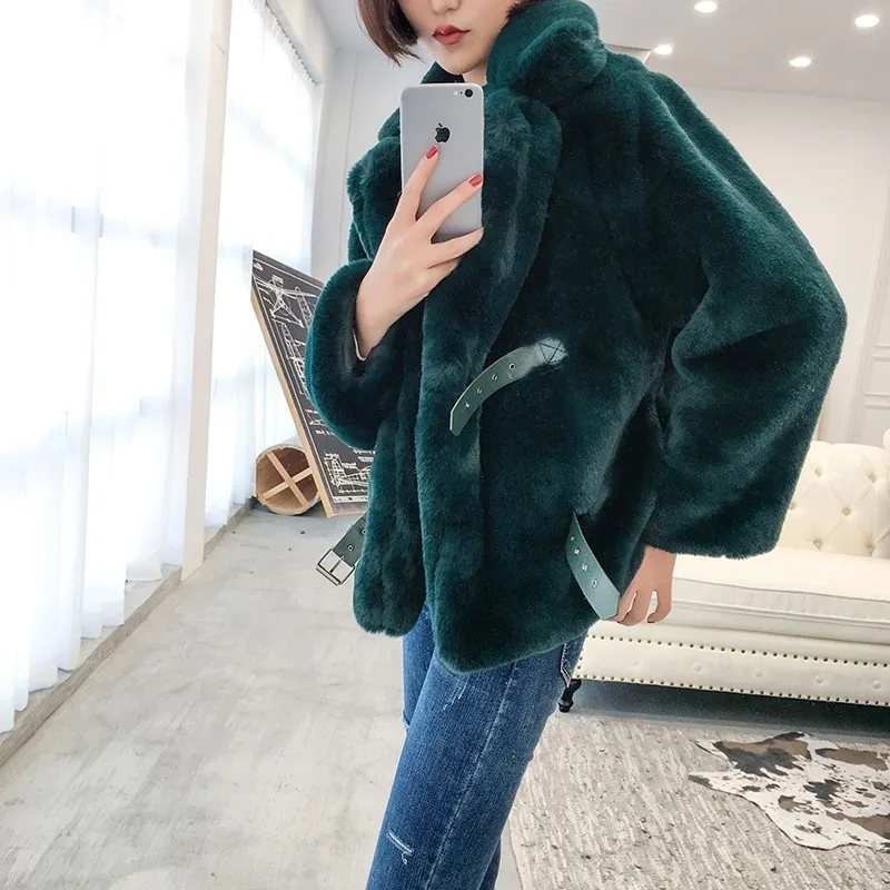 

Women Pink Plush Jacket Faux Fur Coat Female Autumn Winter Elegant Loose Warm Soft Rabbit's Hair Outwear With Belts 2020 OKD601