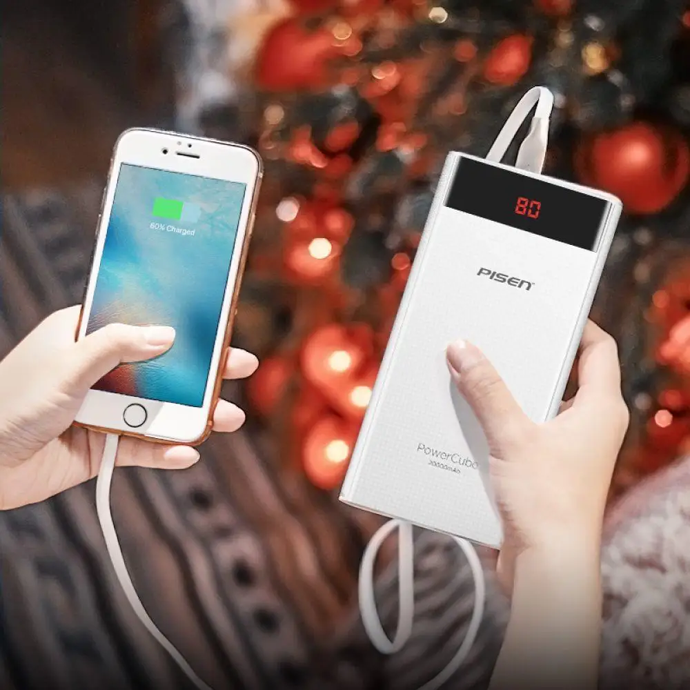 PISEN 20000 мАч power Bank type C Micro USBLED внешний портативный аккумулятор Двойной USB быстрая