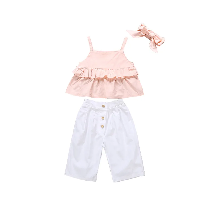 

3PCS Toddler Kids Baby Girl Ruffle Sling Tops Pants Leggings Headband Outfit Sunsuit Summer Clothes Set 1-6Y