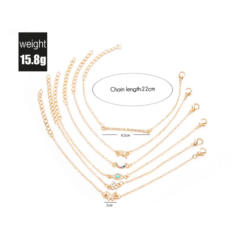 

6Pcs/Set Shiny Gold Butterfly Leaf Eyes Bracelet Rhinestone Gem Multilayer Chain Bracelet Set For Women Girls Dainty Jewelry