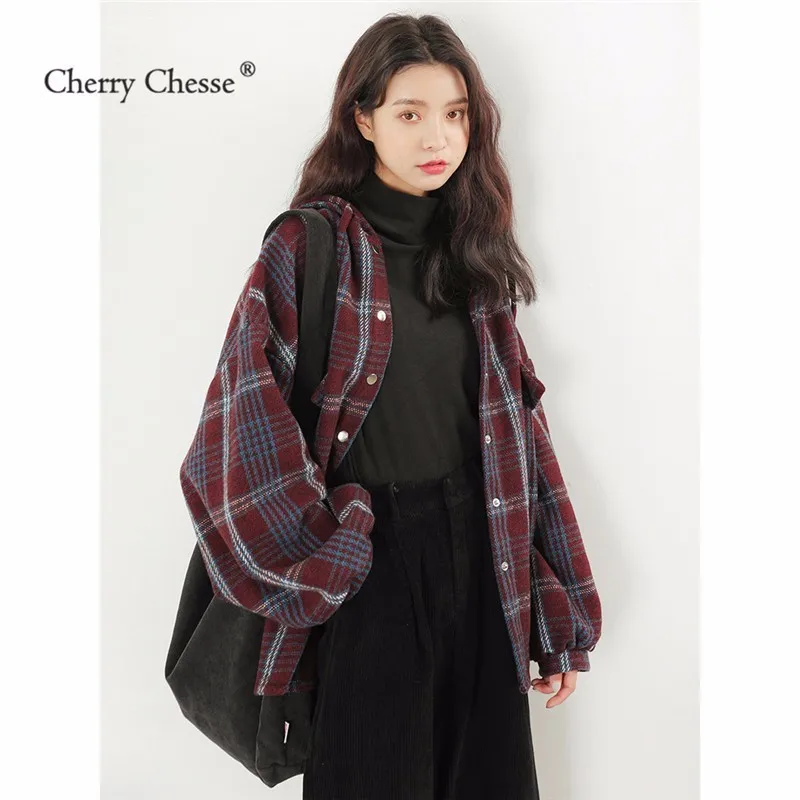 Cherry Chesse плед Для женщин с капюшоном Блузка Кнопка свободную рубашку женский