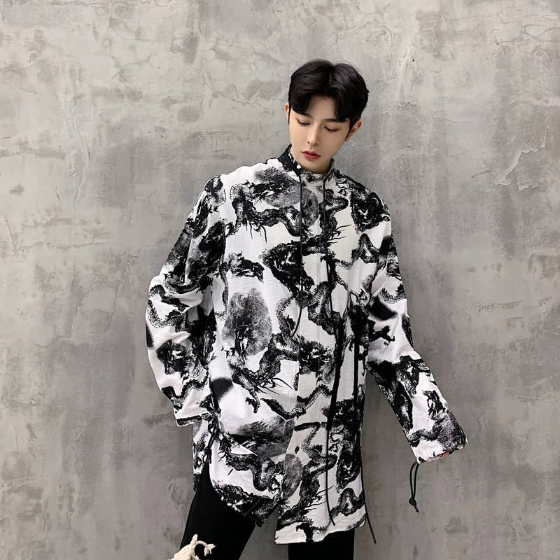

2019 Spring Men's New Clothes Loose Stand Lead Ink Dragon Printing Long Sleeves Shirts Two Color High-quality Coats Size M-XL