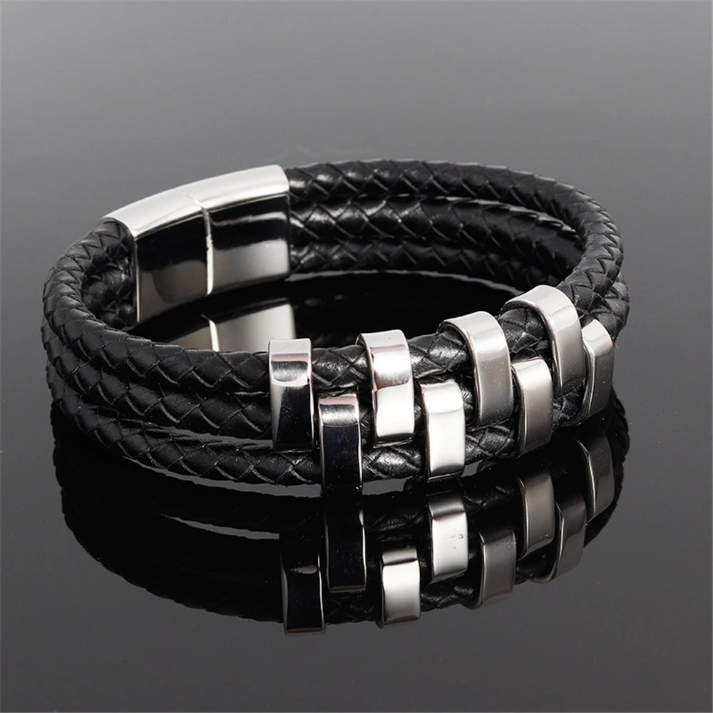 Fashion Genuine Leather Bracelet for Men Jewelry Punk Stainless Steel Buckle Bangle 3 Wrap Black Braid Rope Chain | Украшения и