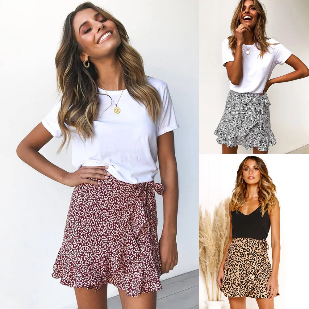 Женская Асимметричная леопардовая юбка с высокой талией облегающая до середины