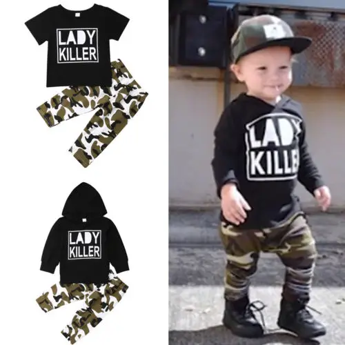 2Pcs Set Toddler Sweatshirt Kids Baby Boys Clothes T-shirt Hooded Tops+Camo Long Pants Infant Casual Outfits |