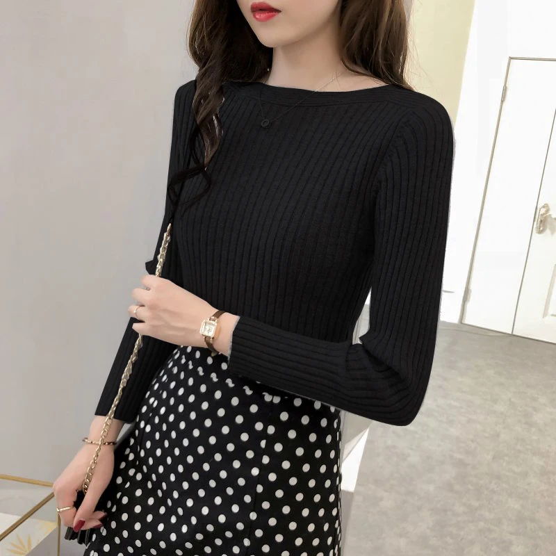 Spring new women's sweater fashion regular pullover tight-fitting slim knit female models one-shoulder bottom coat women | Женская