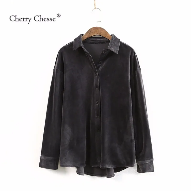 Cherry Chesse Винтаж для женщин флисовая Блузка Кнопка отложной воротник Топы