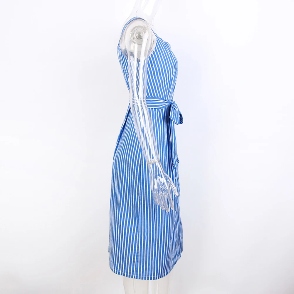 Синее Полосатое Бандажное платье с бантом летнее сексуальное без рукавов на