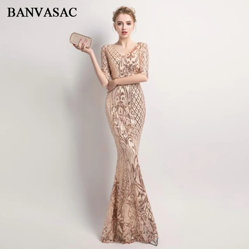 BANVASAC 2019 г. Длинные вечерние платья с блестками и V образным вырезом элегантные