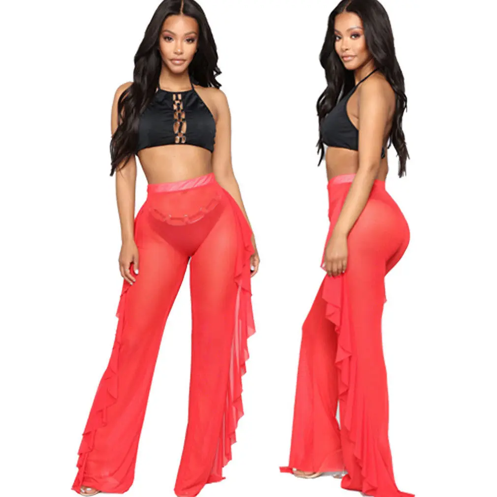 Женские сексуальные Купальные пляжные штаны с рюшами для девушек и сетчатые