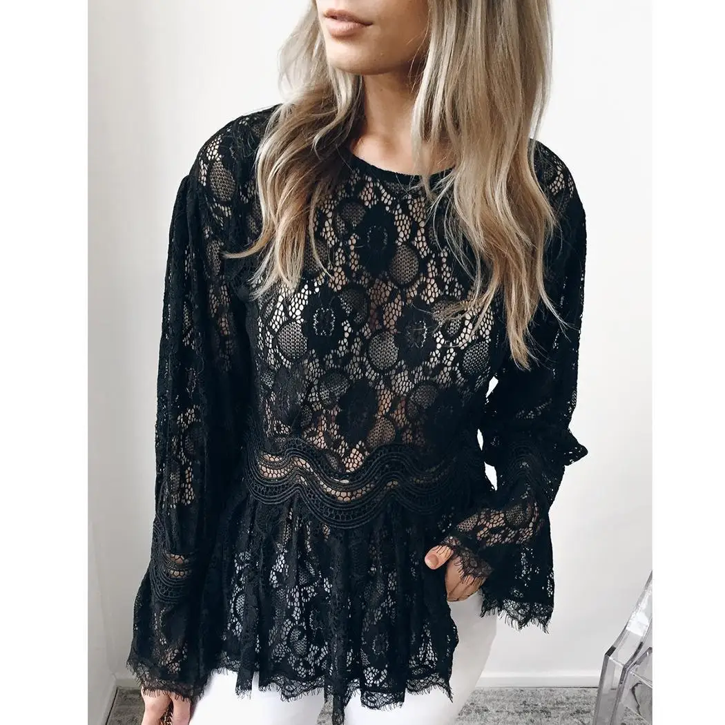 Women Casual Long Sleeve Floral O-neck Loose Pleated Pullover Lace Regular Summer Autumn Spring Tops |