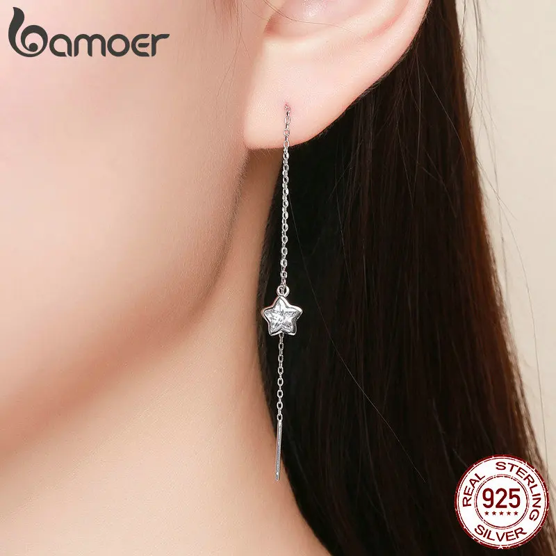 BAMOER, настоящее 925 пробы, серебро, Сияющая Звезда, длинная цепочка, висячие серьги для женщин, прозрачный CZ, для свадьбы, помолвки, ювелирные изделия SCE470
