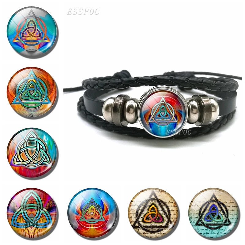 Кожаный браслет Triquetra стеклянный купольный кабошон Button ювелирные изделия