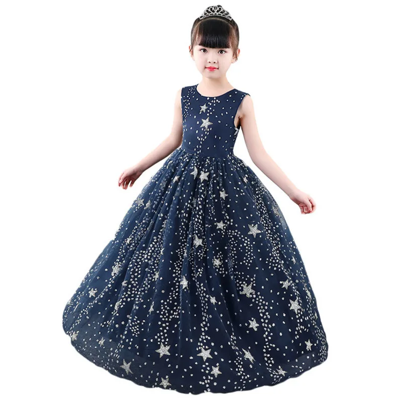 

Summer Formal Girls Long Dress Sequin Star Princess Evening Dresses Pageant Kids Party Ball Gown Children Stage Costume 4-16Y