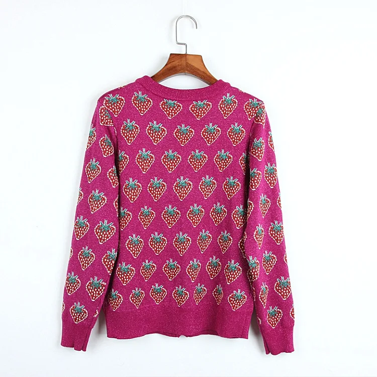 2019 autumn women's new sweet strawberry gold line sweater V-neck versatile coat cardigan women |