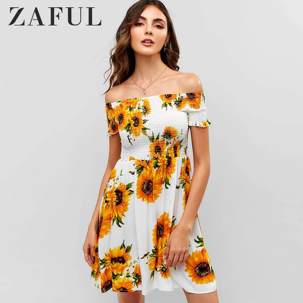 Женское платье с открытыми плечами ZAFUL трапециевидной формы цветочным принтом и