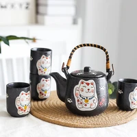 japanese style tea set lovely lucky cat ceramic teapot tea cup pot solid wood tray strainer household teaware