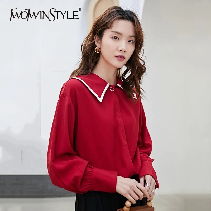 TWOTWINSTYLE Vintage Womens Shirts Blouse Sailor Collar Lantern Long Sleeve Hit Colors Embroidery Tops Female Spring 2019 New |