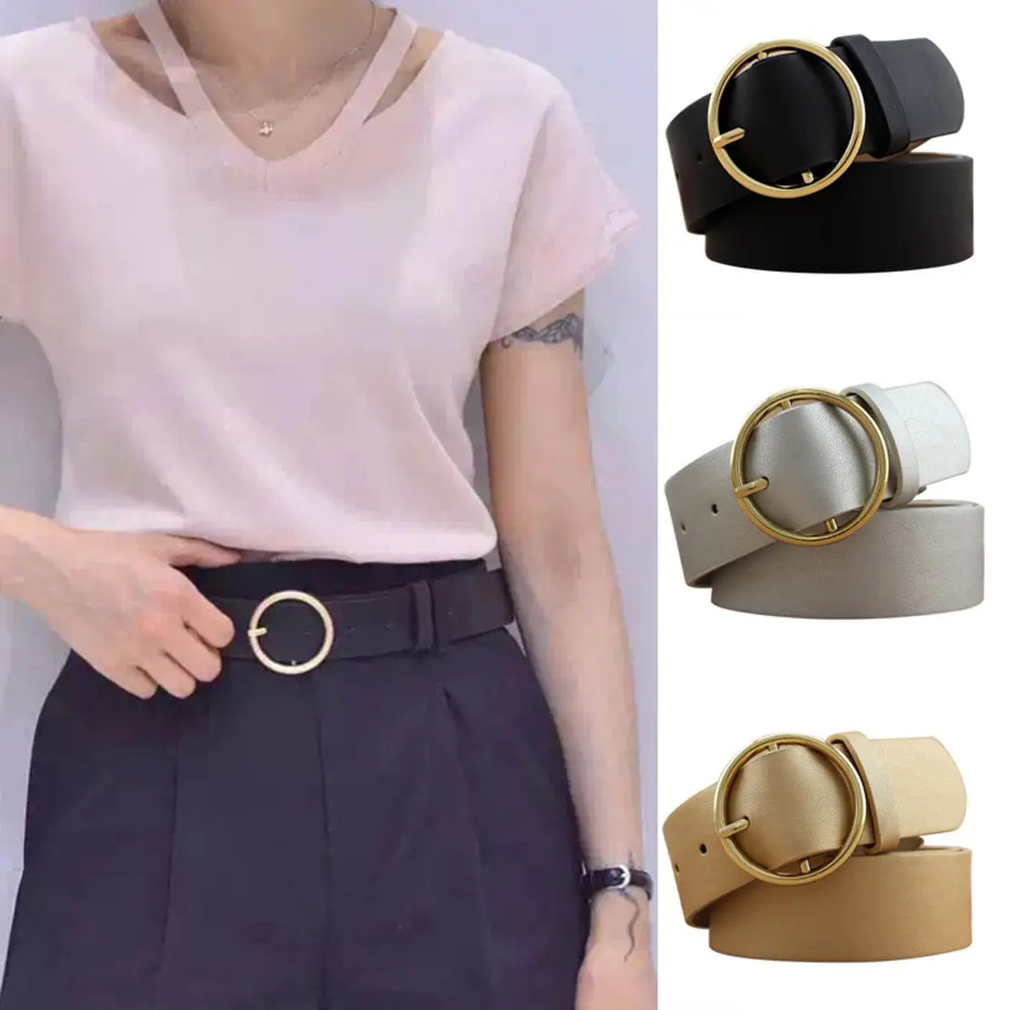 

Women Lady Vintage Metal Boho Casual Leather Round Buckle Waist Belt Waistband