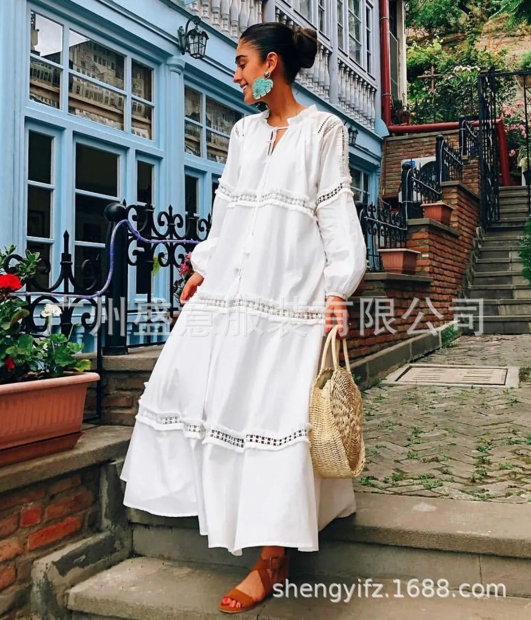 Elegant Lace Loose Bohemian Maxi Dresses for Women Hollow Out Long Sleeve White Summer Beach V Neck Casual Vestidos | Женская одежда