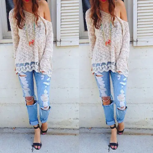 

Women Sexy Off Shoulder Long Sleeve Tops Vest Casual 2017 Summer Lace Ladies T-Shirt Tops