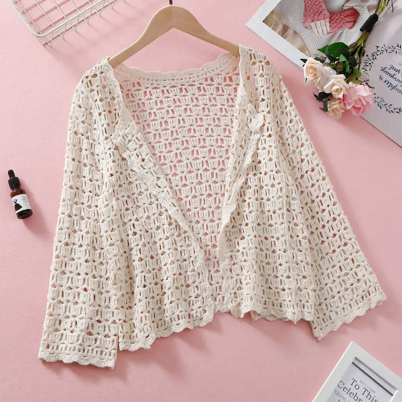 Женский короткий вязаный кардиган с кружевом несколько цветов|Жилеты и