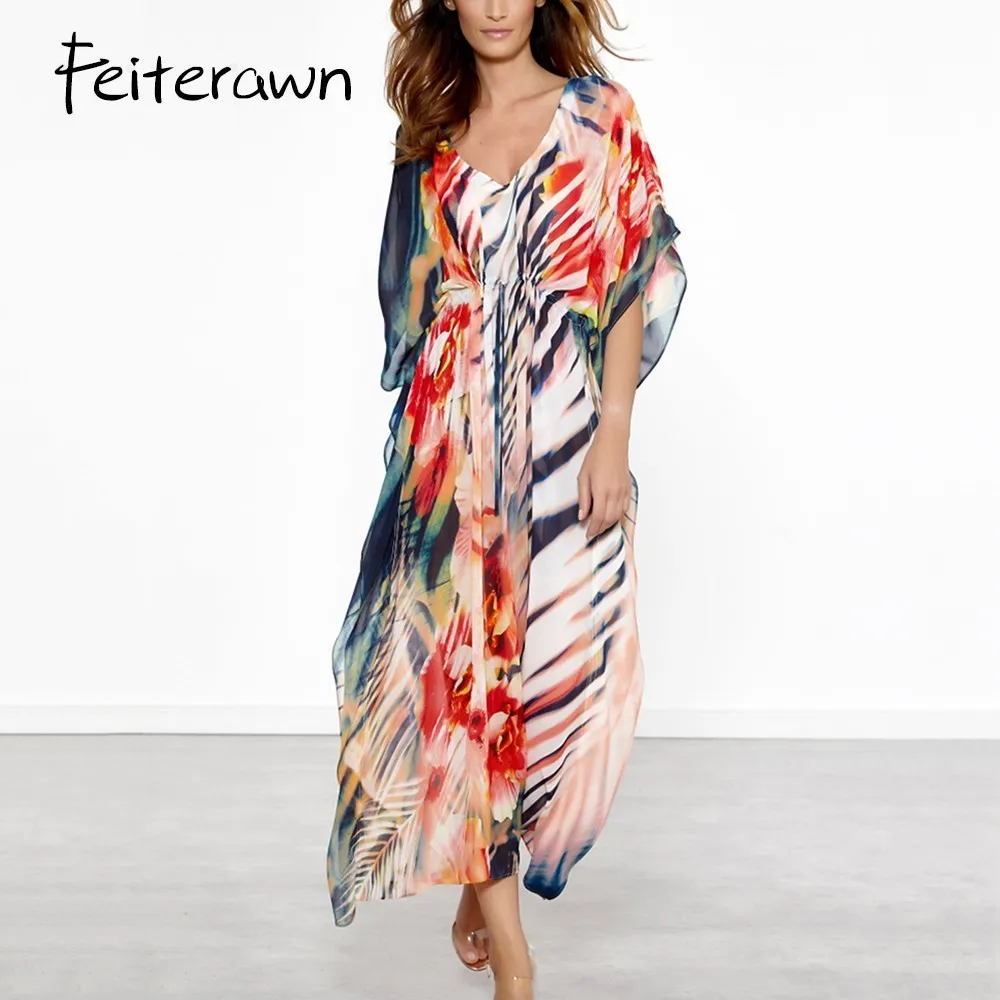 Feiterawn шифоновое платье с цветочным принтом Boho v образный вырез коротким рукавом