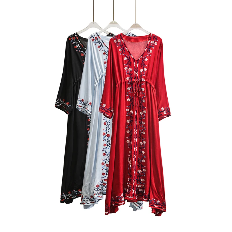 2019 spring new striped embroidered large size was thin dress red boho style fashion retro goddess women's clothing | Женская одежда