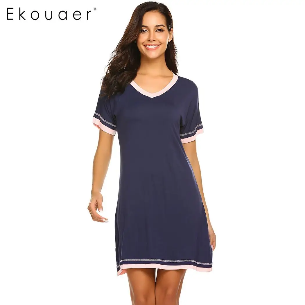 Ekouaer Women Cotton Nightgown Sleep Dress Short Sleeve Loose Nightdress Home Nightwear Ladies Cozy Chemise Sleepshirts | Женская одежда