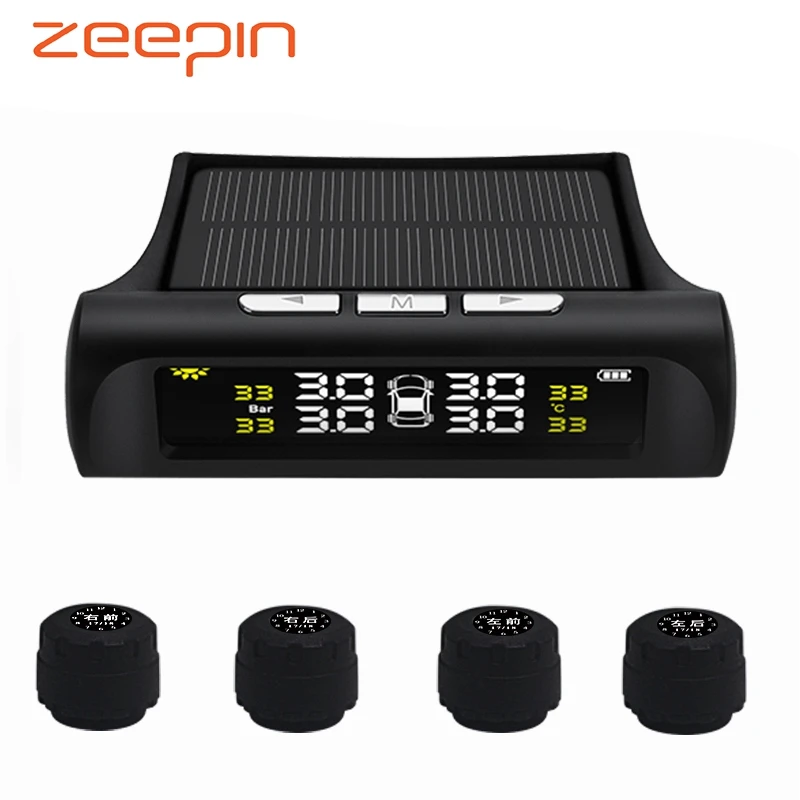 Zeepin Car TPMS Solar External 4 Sensors Wireless Tyre Pressure Detector Real-time Alarm Warning USB Charge Vehicle Monitoring | Автомобили