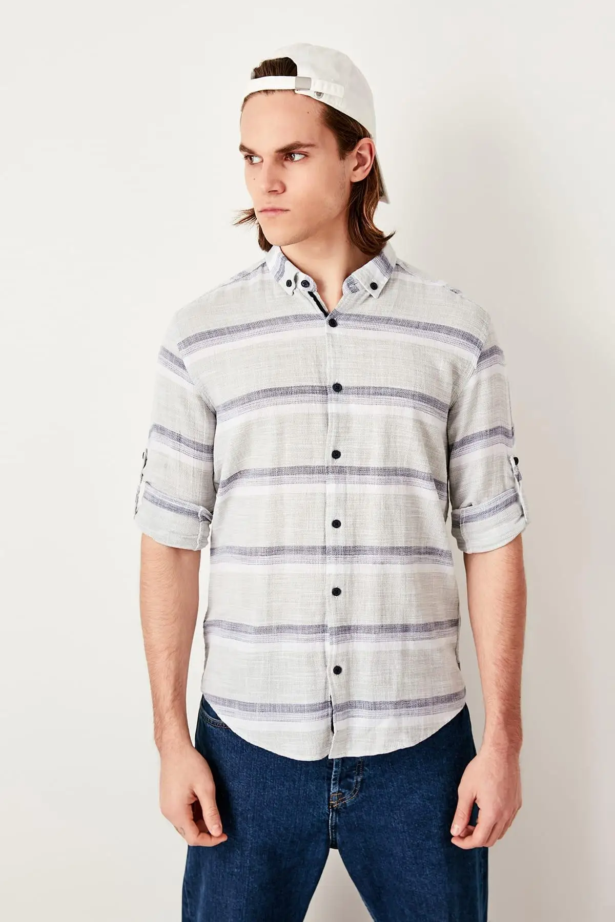 Trendyol хаки мужская полосатая погоны Кнопка Воротник Slim Fit рубашка TMNSS19RS0031 |