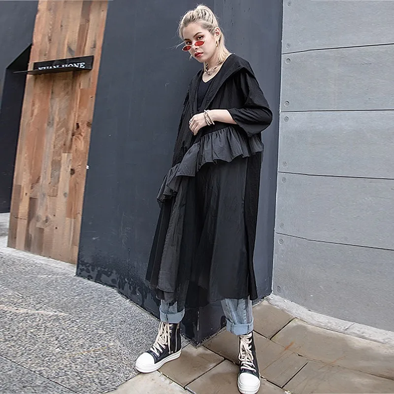 CHICEVER летнее повседневное лоскутное Женское пальто с оборками и сеткой капюшоном