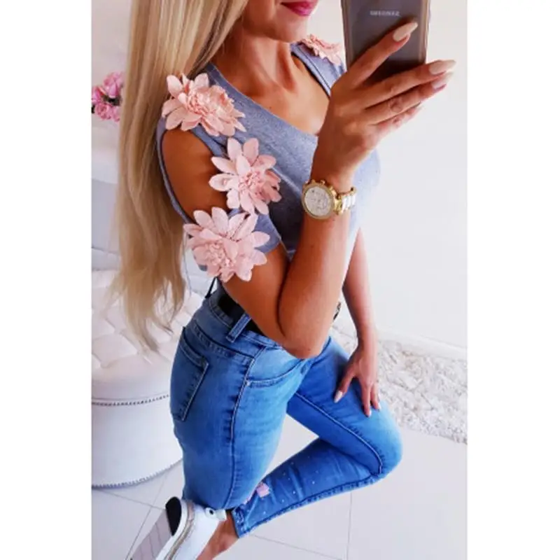 Женская летняя обувь с короткими рукавами и круглым вырезом Blusas цветок