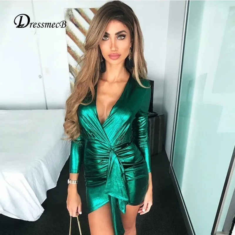 DRESSMEC сексуальное ДРАПИРОВАННОЕ женское платье v образный вырез длинный рукав
