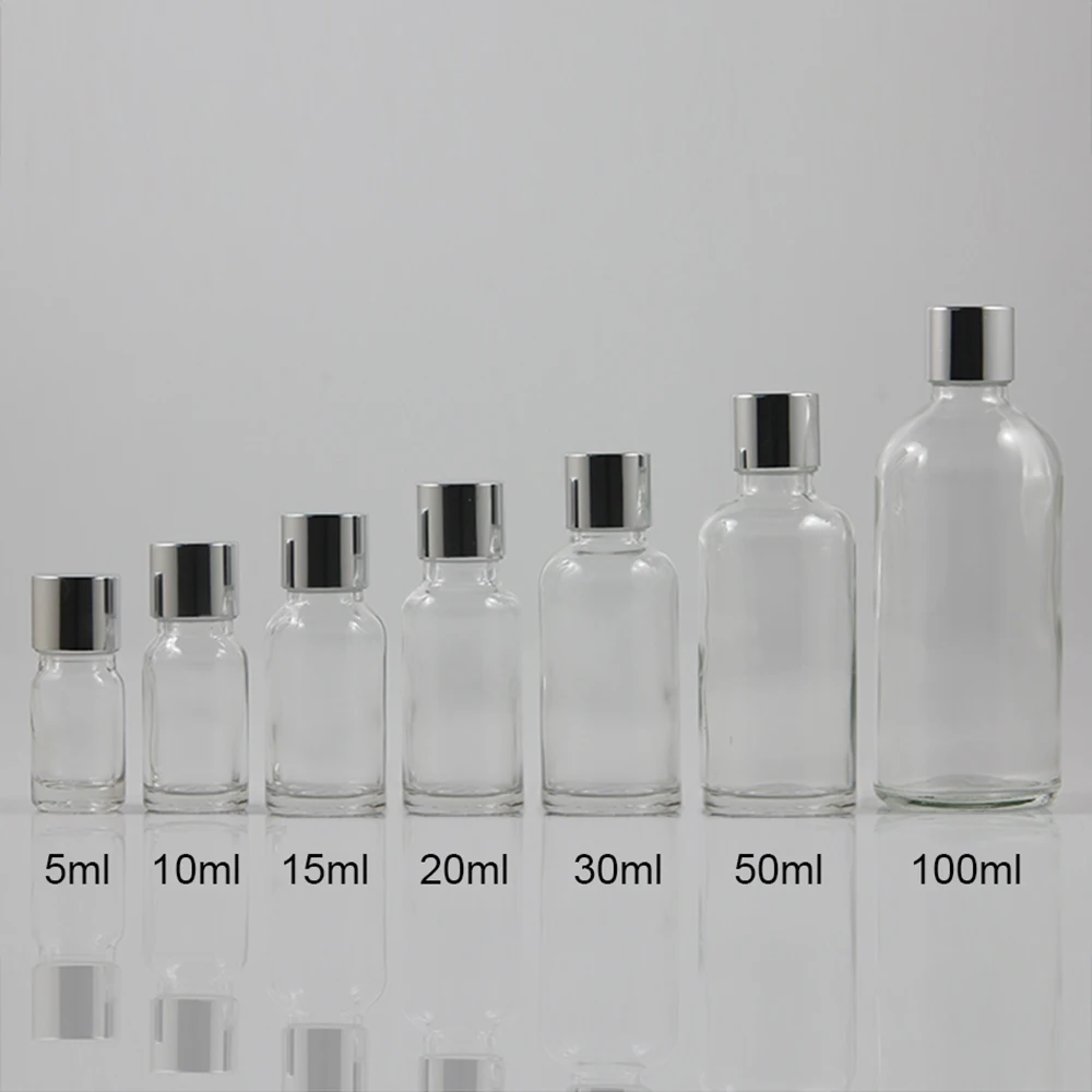 Travel glass aromatherapy essential oil bottle 10ml, Clear glass bottle with silver lids for toner