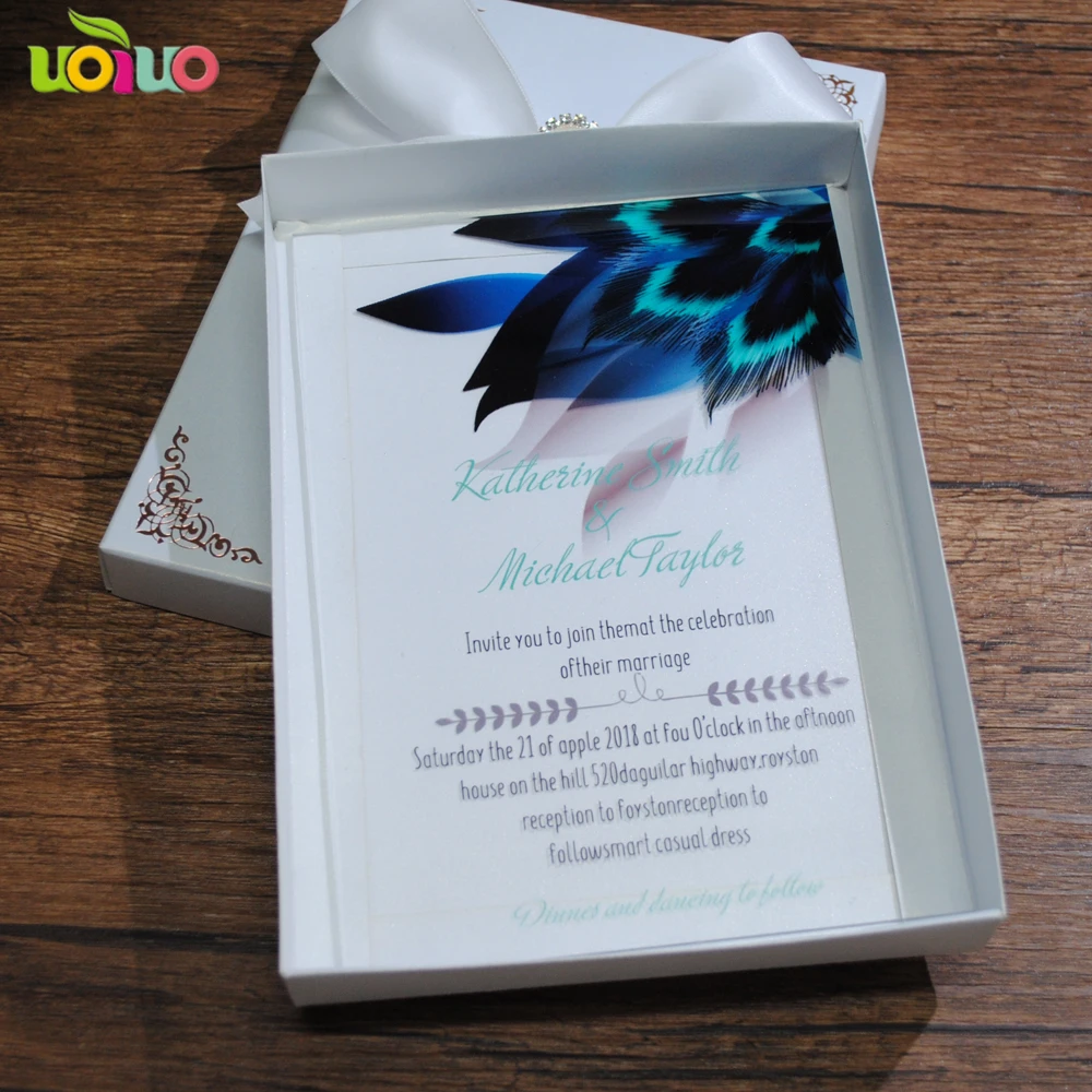 

50pcs elegant peacock acrylic invitation card laser cut printing lace indian wedding invitations newest design